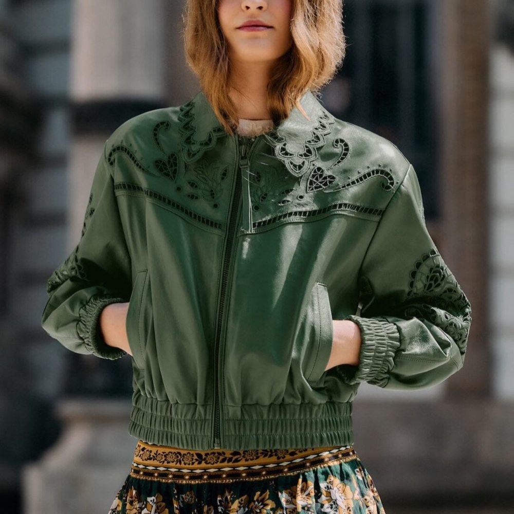 FARM RIO green leather embroidered jacket